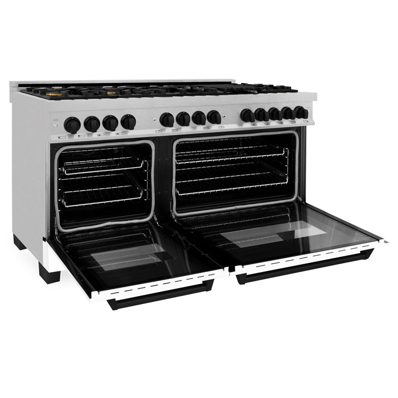 ZLINE Autograph Edition 60 in. 7.4 cu. ft. Dual Fuel Range with Gas Stove and Electric Oven in DuraSnow Stainless Steel with White Matte Door and Matte Black Accents (RASZ-WM-60-MB)