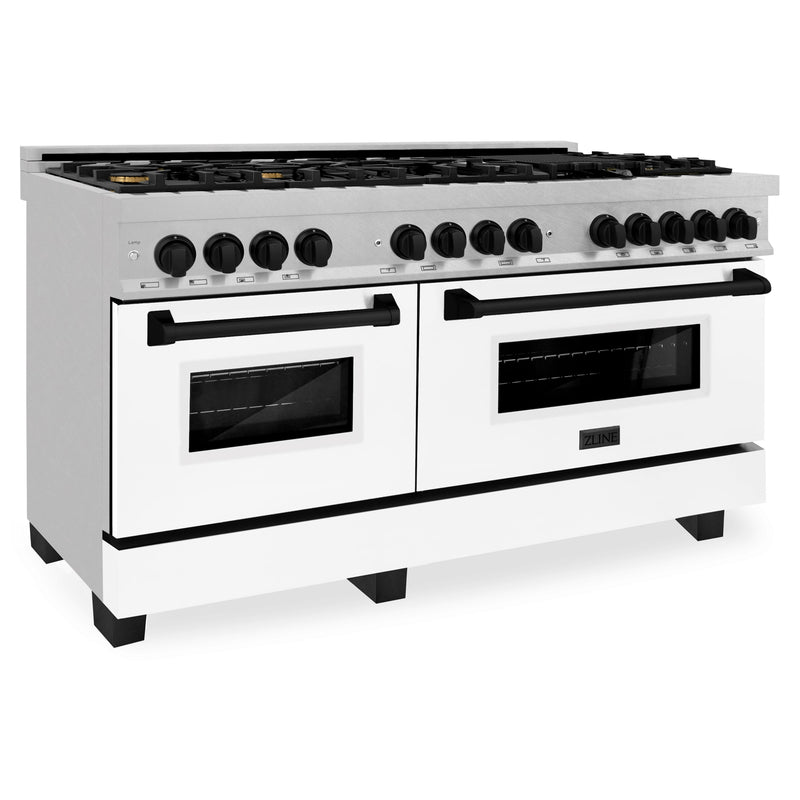 ZLINE Autograph Edition 60 in. 7.4 cu. ft. Dual Fuel Range with Gas Stove and Electric Oven in DuraSnow Stainless Steel with White Matte Door and Matte Black Accents (RASZ-WM-60-MB)