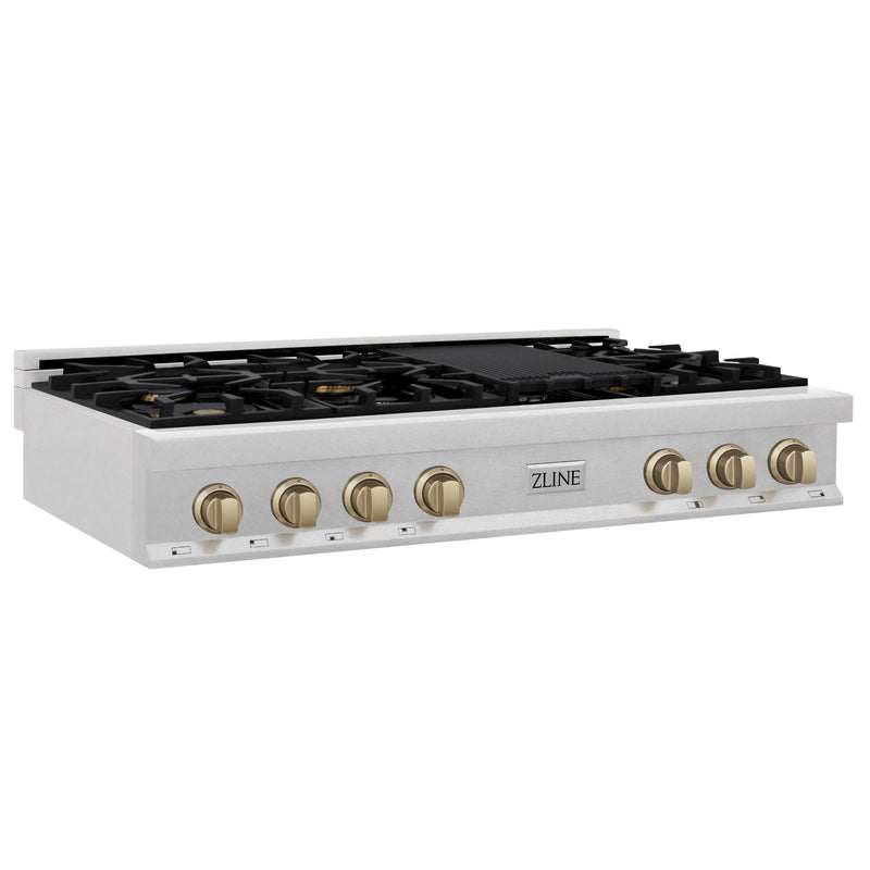 ZLINE Autograph Edition 48 in. Porcelain Rangetop with 7 Gas Burners in DuraSnow Stainless Steel and Champagne Bronze Accents (RTSZ-48-CB)