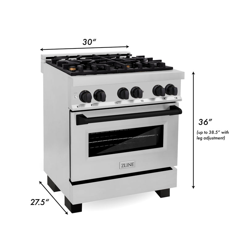 ZLINE Autograph Edition 30 in. 4.0 cu. ft. Dual Fuel Range with Gas Stove and Electric Oven in Stainless Steel with Matte Black Accents (RAZ-30-MB)