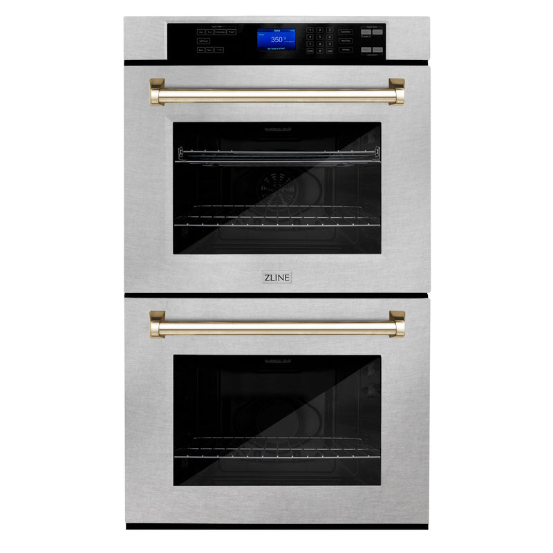 ZLINE 30 in. Autograph Edition Electric Double Wall Oven with Self Clean and True Convection in DuraSnow Stainless Steel and Polished Gold Accents (AWDSZ-30-G)