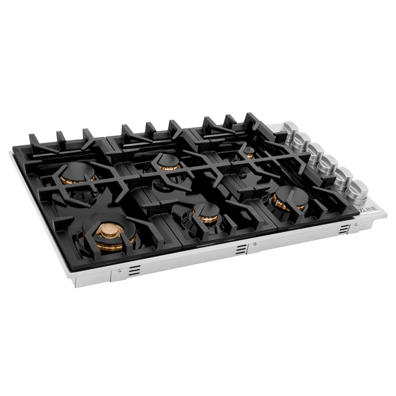 ZLINE 36 in. Dropin Cooktop with 6 Gas Brass Burners and Black Porcelain Top (RC-BR-36-PBT)