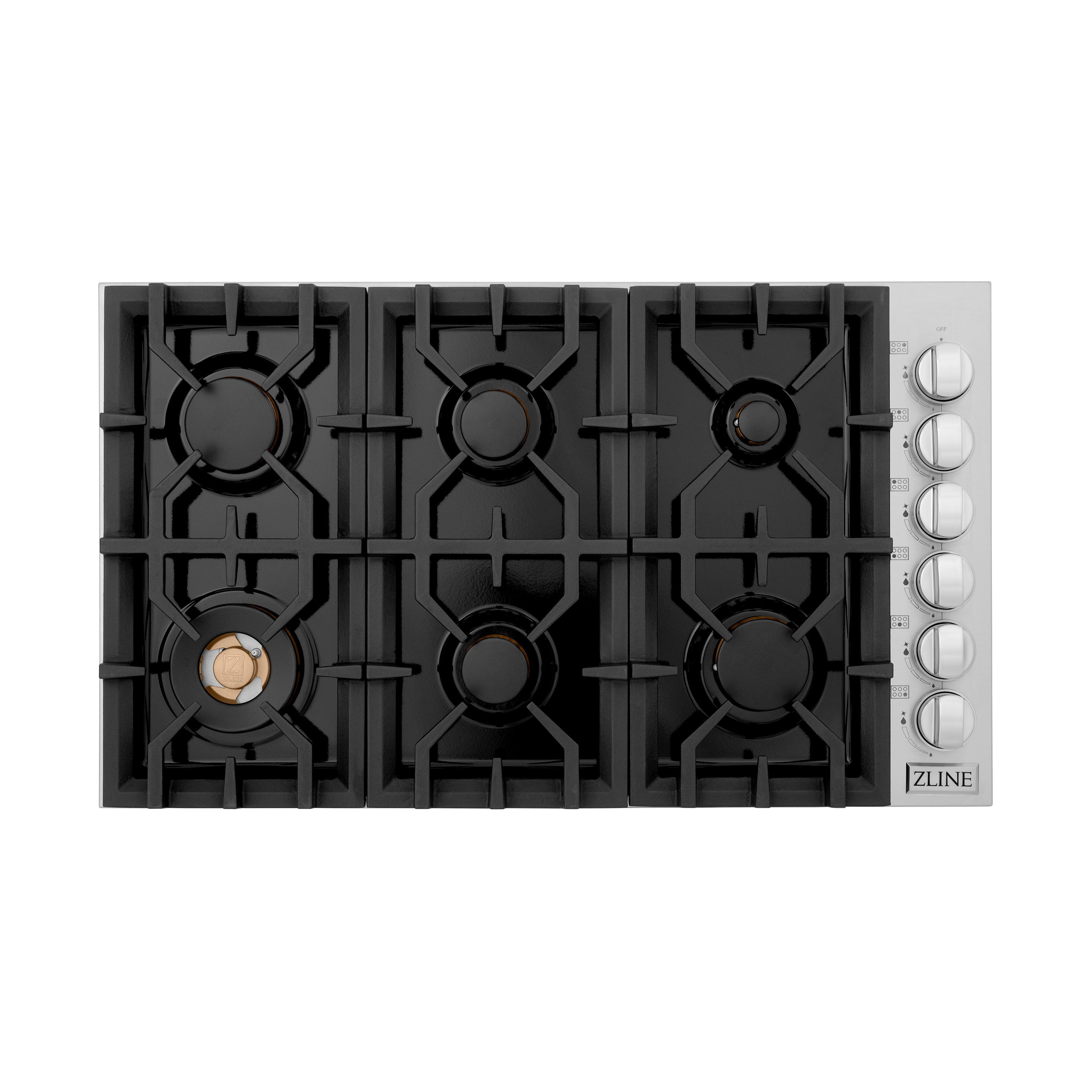 ZLINE 36 in. Dropin Cooktop with 6 Gas Brass Burners and Black Porcelain Top (RC-BR-36-PBT)