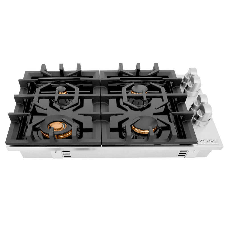 ZLINE 30 in. Dropin Cooktop with 4 Gas Brass Burners and Black Porcelain Top (RC-BR-30-PBT)