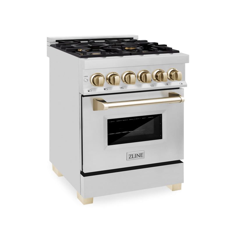 ZLINE Autograph Edition 24 in. 2.8 cu. ft. Dual Fuel Range with Gas Stove and Electric Oven in Stainless Steel with Polished Gold Accents (RAZ-24-G)