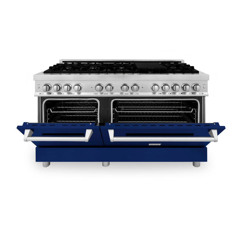 ZLINE 60 in. 7.4 cu. ft. Dual Fuel Range with Gas Stove and Electric Oven in Stainless Steel with Blue Gloss Door (RA-BG-60)