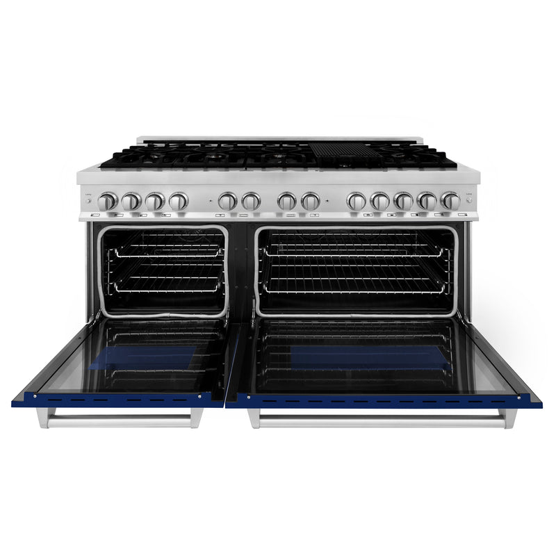 ZLINE 60 in. 7.4 cu. ft. Dual Fuel Range with Gas Stove and Electric Oven in Stainless Steel with Blue Gloss Door (RA-BG-60)