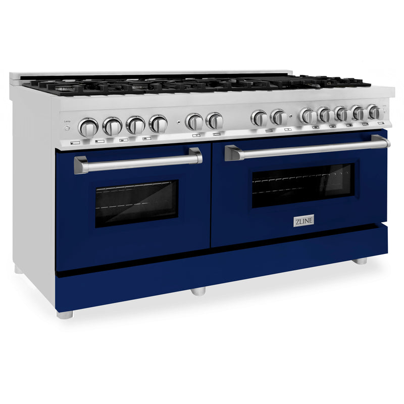 ZLINE 60 in. 7.4 cu. ft. Dual Fuel Range with Gas Stove and Electric Oven in Stainless Steel with Blue Gloss Door (RA-BG-60)