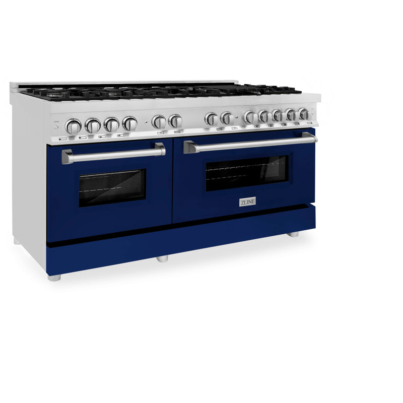 ZLINE 60 in. 7.4 cu. ft. Dual Fuel Range with Gas Stove and Electric Oven in Stainless Steel with Blue Gloss Door (RA-BG-60)