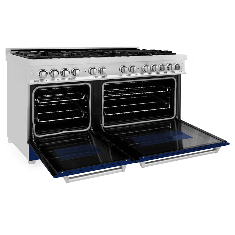 ZLINE 60 in. 7.4 cu. ft. Dual Fuel Range with Gas Stove and Electric Oven in Stainless Steel with Blue Gloss Door (RA-BG-60)