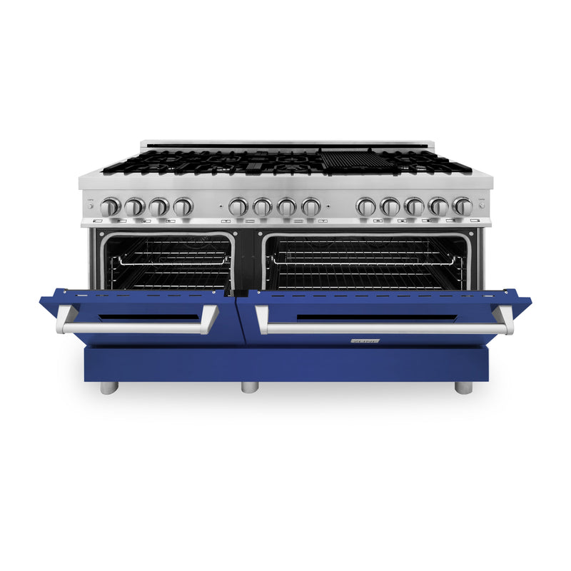 ZLINE 60 in. 7.4 cu. ft. Dual Fuel Range with Gas Stove and Electric Oven in Stainless Steel with Blue Matte (RA-BM-60)