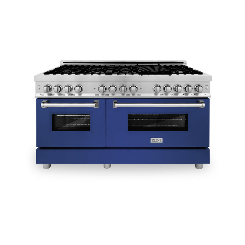 ZLINE 60 in. 7.4 cu. ft. Dual Fuel Range with Gas Stove and Electric Oven in Stainless Steel with Blue Matte (RA-BM-60)