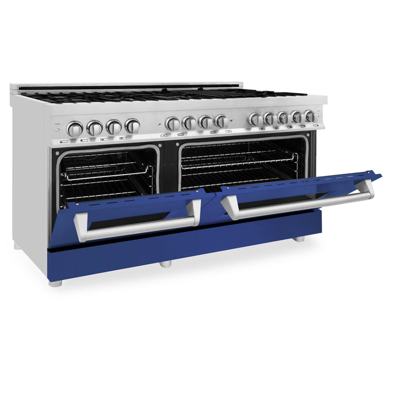 ZLINE 60 in. 7.4 cu. ft. Dual Fuel Range with Gas Stove and Electric Oven in Stainless Steel with Blue Matte (RA-BM-60)