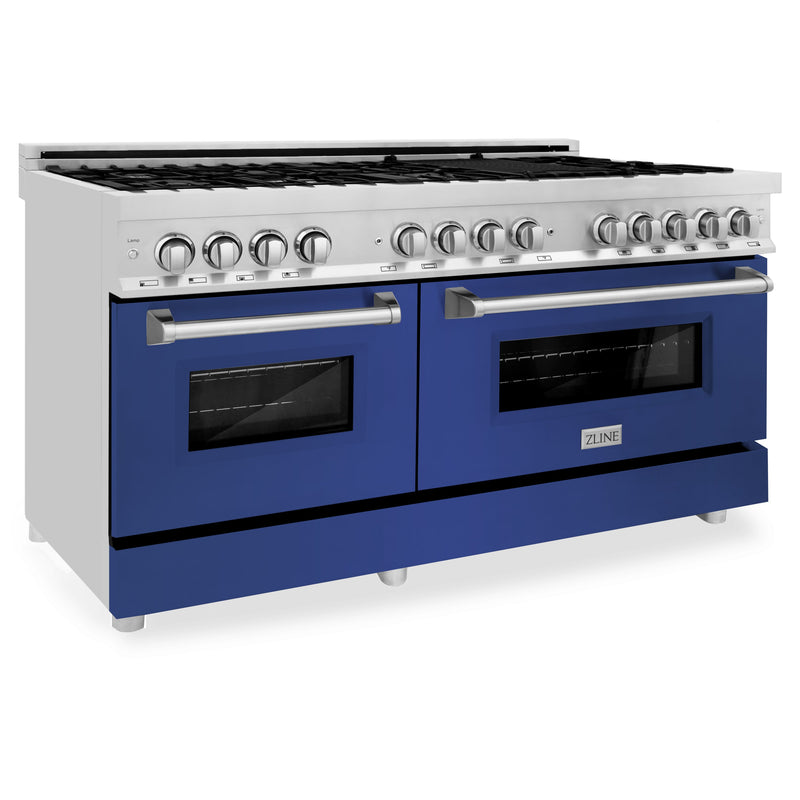 ZLINE 60 in. 7.4 cu. ft. Dual Fuel Range with Gas Stove and Electric Oven in Stainless Steel with Blue Matte (RA-BM-60)