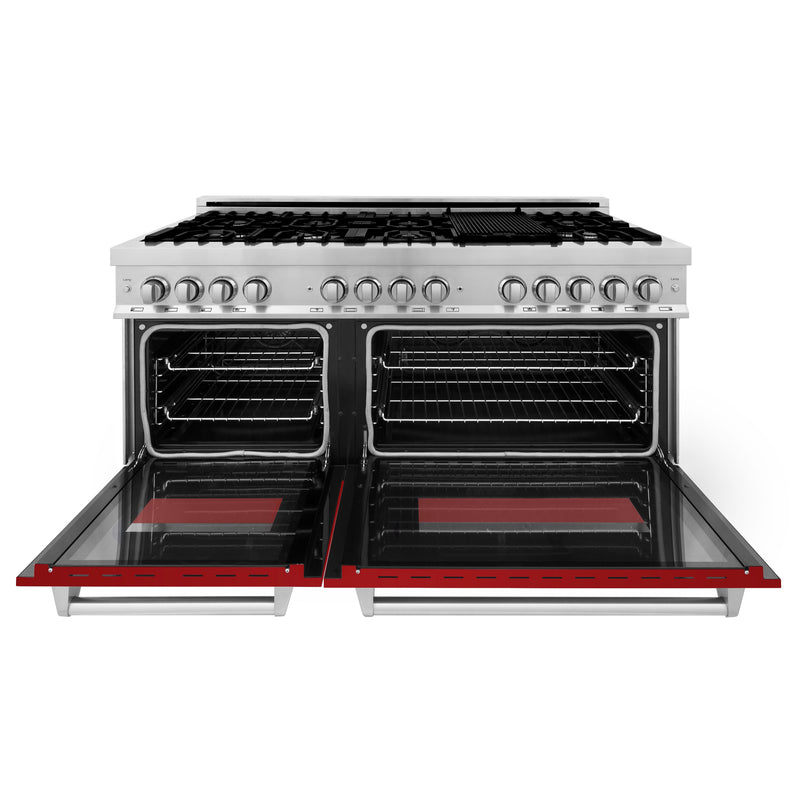 ZLINE 60 in. 7.4 cu. ft. Dual Fuel Range with Gas Stove and Electric Oven in Stainless Steel with Red Gloss Door (RA-RG-60)