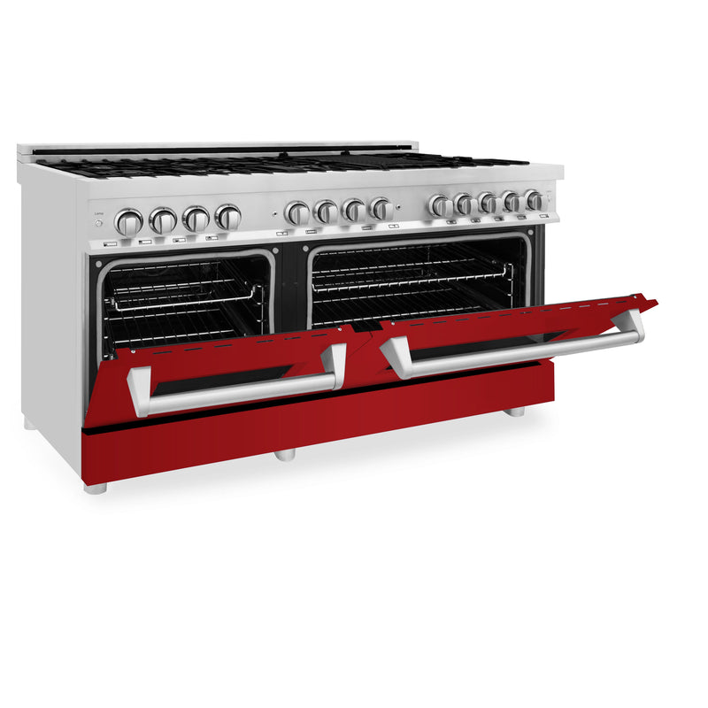 ZLINE 60 in. 7.4 cu. ft. Dual Fuel Range with Gas Stove and Electric Oven in Stainless Steel with Red Gloss Door (RA-RG-60)