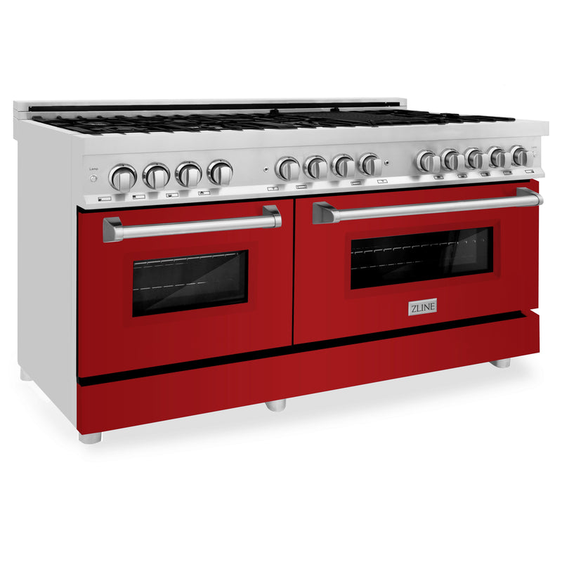 ZLINE 60 in. 7.4 cu. ft. Dual Fuel Range with Gas Stove and Electric Oven in Stainless Steel with Red Gloss Door (RA-RG-60)