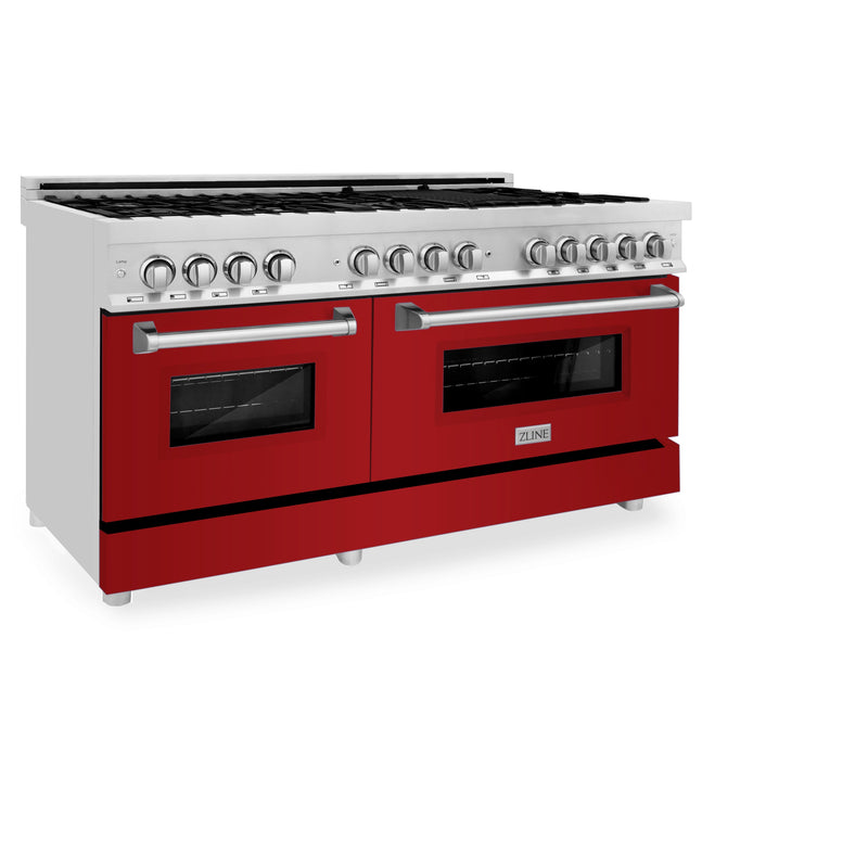 ZLINE 60 in. 7.4 cu. ft. Dual Fuel Range with Gas Stove and Electric Oven in Stainless Steel with Red Gloss Door (RA-RG-60)