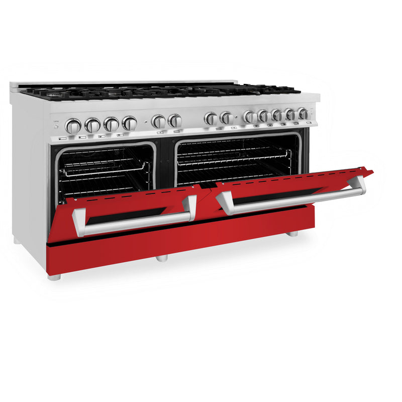 ZLINE 60 in. 7.4 cu. ft. Dual Fuel Range with Gas Stove and Electric Oven in Stainless Steel with Red Matte Door (RA-RM-60)