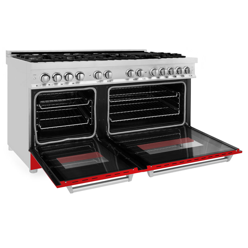 ZLINE 60 in. 7.4 cu. ft. Dual Fuel Range with Gas Stove and Electric Oven in Stainless Steel with Red Matte Door (RA-RM-60)