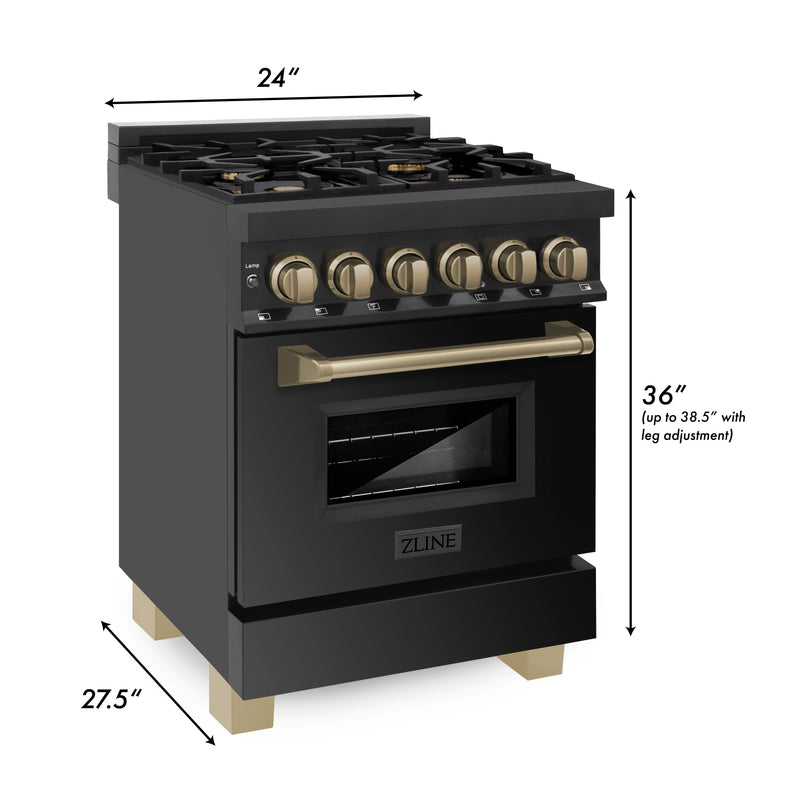 ZLINE Autograph Edition 24 in. 2.8 cu. ft. Dual Fuel Range with Gas Stove and Electric Oven in Black Stainless Steel with Champagne Bronze Accents (RABZ-24-CB)
