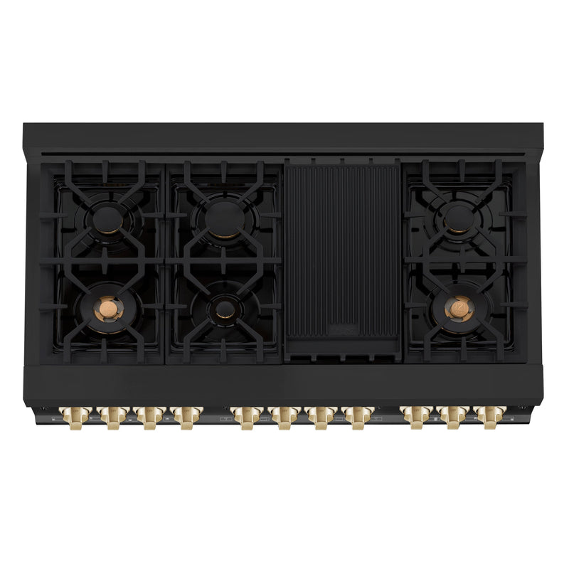 ZLINE 48 in. Autograph Edition Kitchen Package with Black Stainless Steel Dual Fuel Range, Range Hood and Dishwasher with Polished Gold Accents (3AKP-RABRHDWV48-G)