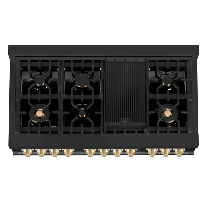 ZLINE 48 in. Autograph Edition Kitchen Package with Black Stainless Steel Dual Fuel Range and Range Hood with Polished Gold Accents (2AKP-RABRH48-G)