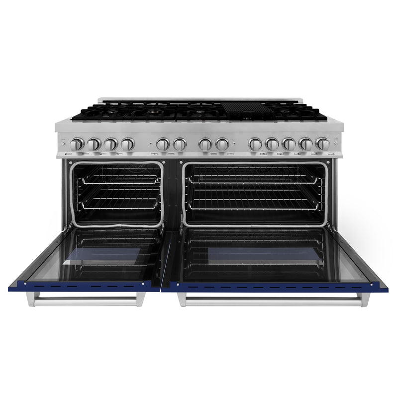 ZLINE 60 in. 7.4 cu. ft. Dual Fuel Range with Gas Stove and Electric Oven in Fingerprint Resistant Stainless Steel and Blue Gloss Door (RAS-BG-60)