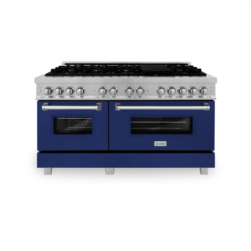 ZLINE 60 in. 7.4 cu. ft. Dual Fuel Range with Gas Stove and Electric Oven in Fingerprint Resistant Stainless Steel and Blue Gloss Door (RAS-BG-60)