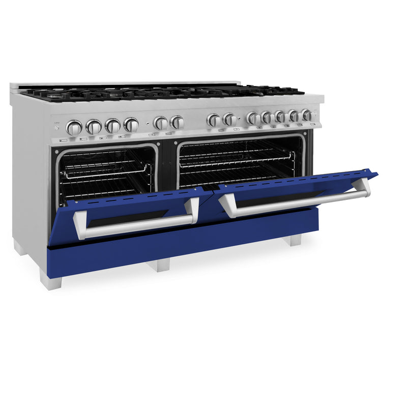 ZLINE 60 in. 7.4 cu. ft. Dual Fuel Range with Gas Stove and Electric Oven in Fingerprint Resistant Stainless Steel and Blue Gloss Door (RAS-BG-60)