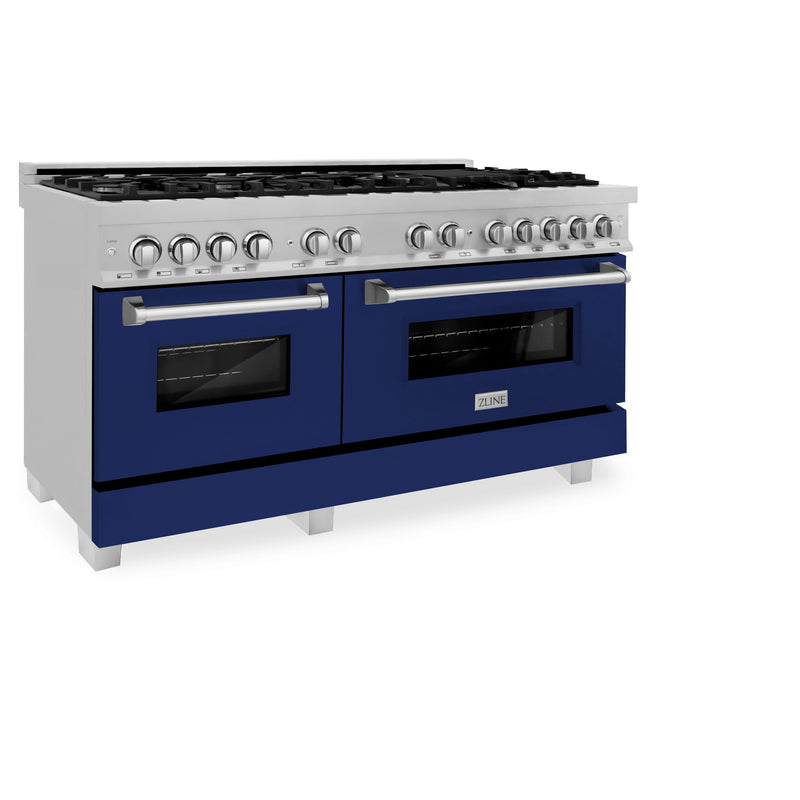 ZLINE 60 in. 7.4 cu. ft. Dual Fuel Range with Gas Stove and Electric Oven in Fingerprint Resistant Stainless Steel and Blue Gloss Door (RAS-BG-60)