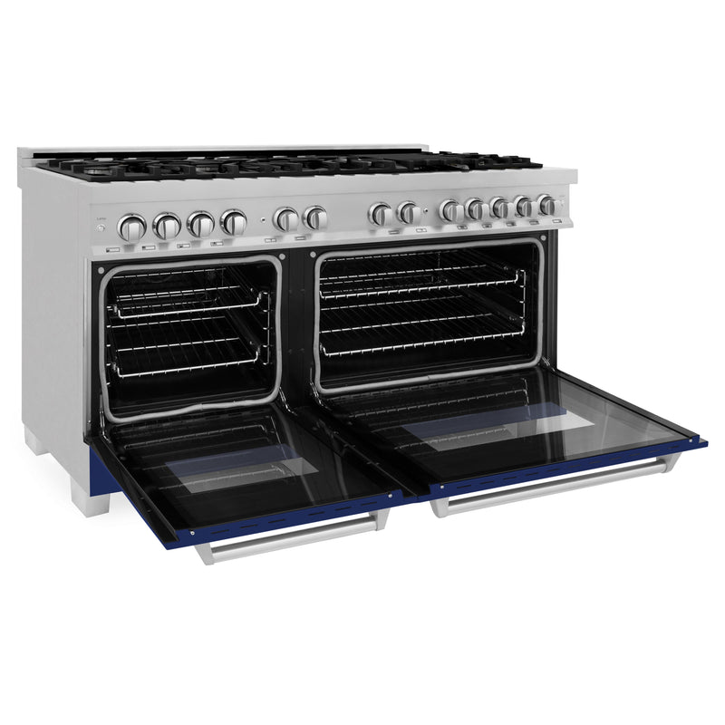 ZLINE 60 in. 7.4 cu. ft. Dual Fuel Range with Gas Stove and Electric Oven in Fingerprint Resistant Stainless Steel and Blue Gloss Door (RAS-BG-60)