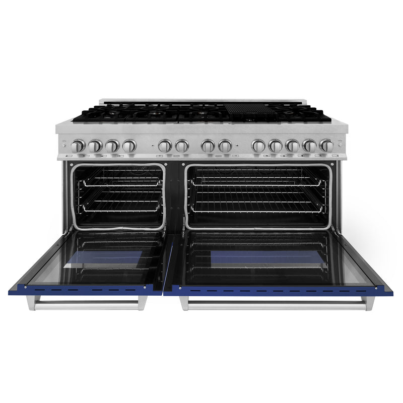 ZLINE 60 in. 7.4 cu. ft. Dual Fuel Range with Gas Stove and Electric Oven in Fingerprint Resistant Stainless Steel with Blue Matte Door (RAS-BM-60)