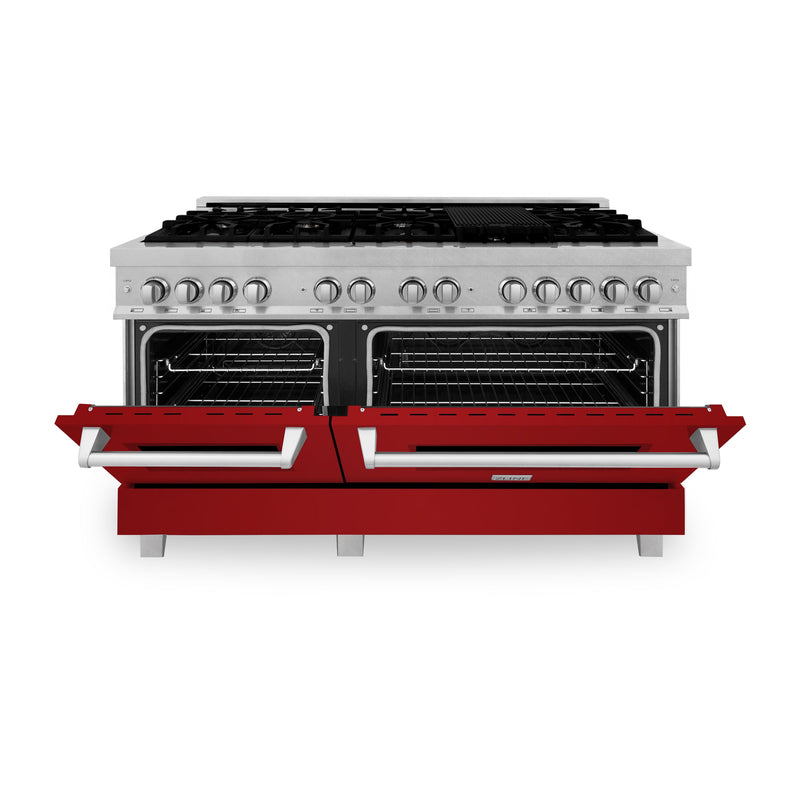 ZLINE 60 in. 7.4 cu. ft. Dual Fuel Range with Gas Stove and Electric Oven in Fingerprint Resistant Stainless Steel with Red Gloss Door (RAS-RG-60)