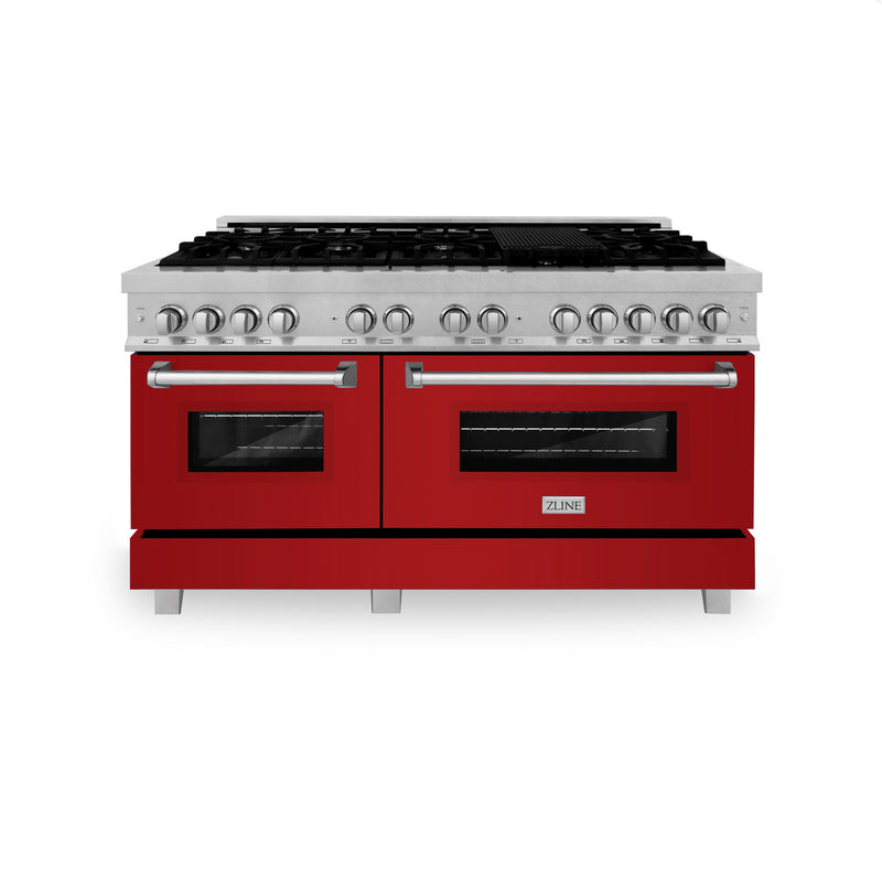 ZLINE 60 in. 7.4 cu. ft. Dual Fuel Range with Gas Stove and Electric Oven in Fingerprint Resistant Stainless Steel with Red Gloss Door (RAS-RG-60)