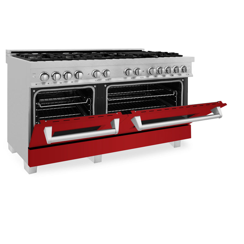 ZLINE 60 in. 7.4 cu. ft. Dual Fuel Range with Gas Stove and Electric Oven in Fingerprint Resistant Stainless Steel with Red Gloss Door (RAS-RG-60)