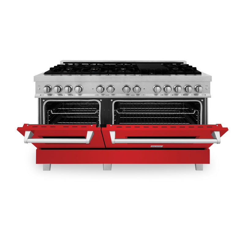 ZLINE 60 in. 7.4 cu. ft. Dual Fuel Range with Gas Stove and Electric Oven in Fingerprint Resistant Stainless Steel with Red Matte Door (RAS-RM-60)