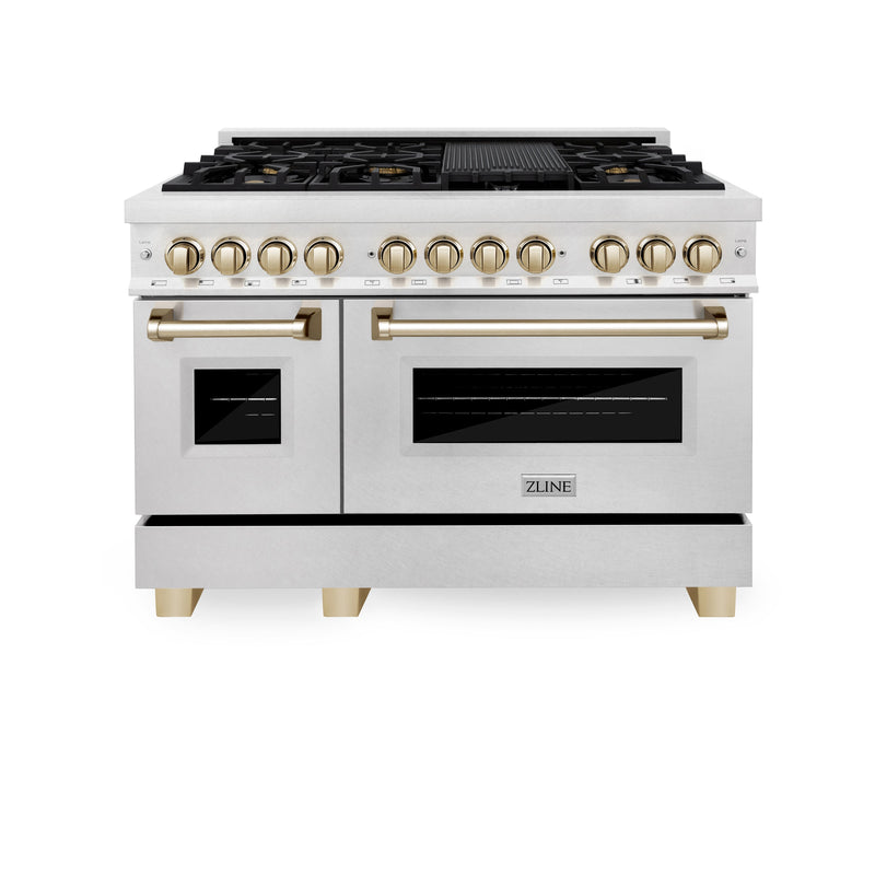 ZLINE Autograph Edition 48 in. 6.0 cu. ft. Dual Fuel Range with Gas Stove and Electric Oven in DuraSnow Stainless Steel with Polished Gold Accents (RASZ-SN-48-G)