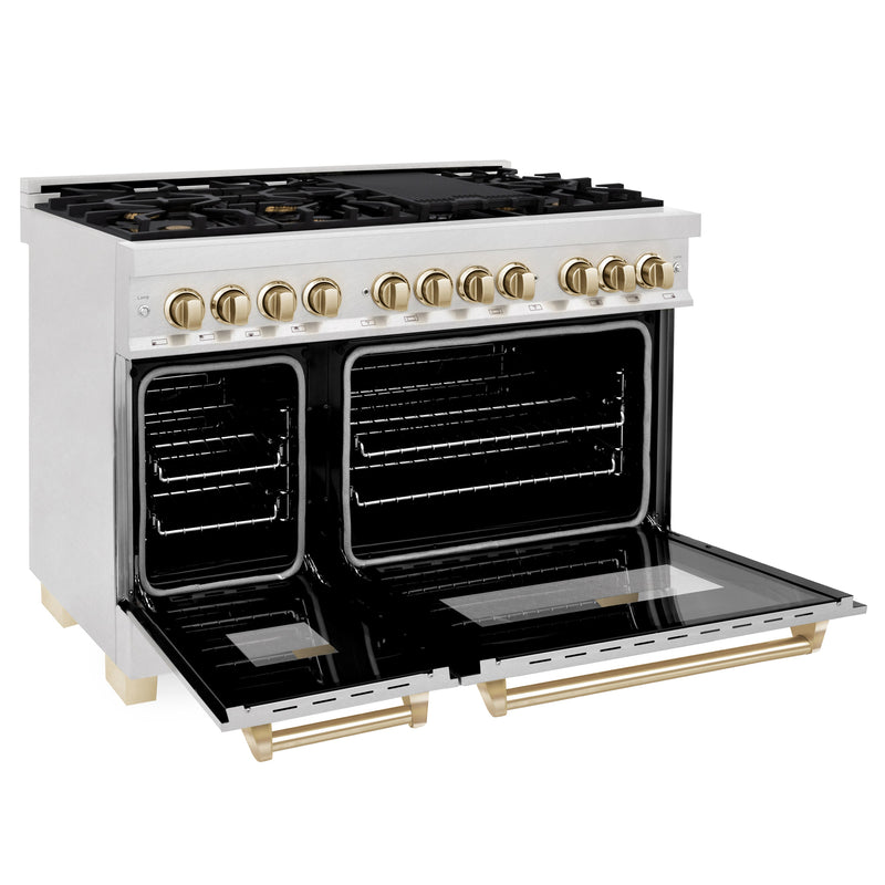 ZLINE Autograph Edition 48 in. 6.0 cu. ft. Dual Fuel Range with Gas Stove and Electric Oven in DuraSnow Stainless Steel with Polished Gold Accents (RASZ-SN-48-G)