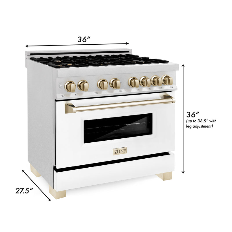 ZLINE Autograph Edition 36 in. 4.6 cu. ft. Dual Fuel Range with Gas Stove and Electric Oven in DuraSnow Stainless Steel with White Matte Door and Polished Gold Accents (RASZ-WM-36-G)
