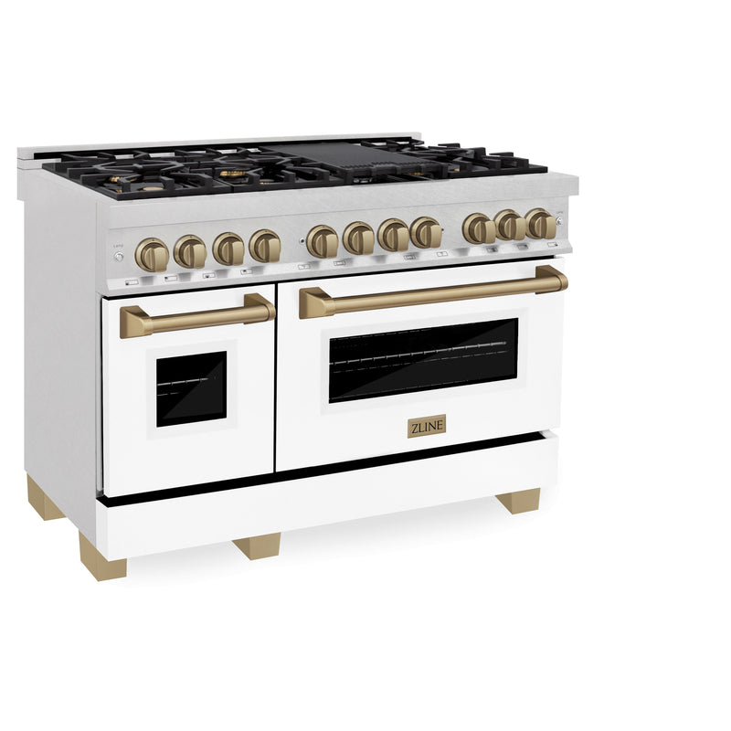 ZLINE Autograph Edition 48 in. 6.0 cu. ft. Dual Fuel Range with Gas Stove and Electric Oven in DuraSnow Stainless Steel with White Matte Door and Champagne Bronze Accents (RASZ-WM-48-CB)