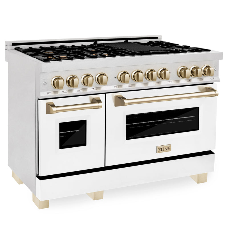 ZLINE Autograph Edition 48 in. 6.0 cu. ft. Dual Fuel Range with Gas Stove and Electric Oven in DuraSnow Stainless Steel with White Matte Door and Polished Gold Accents (RASZ-WM-48-G)