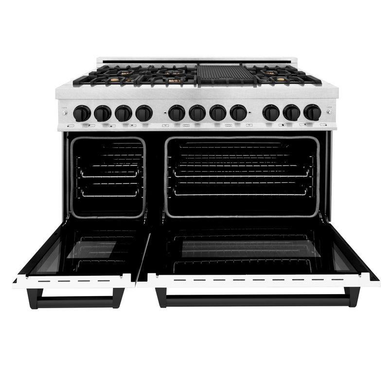 ZLINE Autograph Edition 48 in. 6.0 cu. ft. Dual Fuel Range with Gas Stove and Electric Oven in DuraSnow Stainless Steel with White Matte Door and Matte Black Accents (RASZ-WM-48-MB)