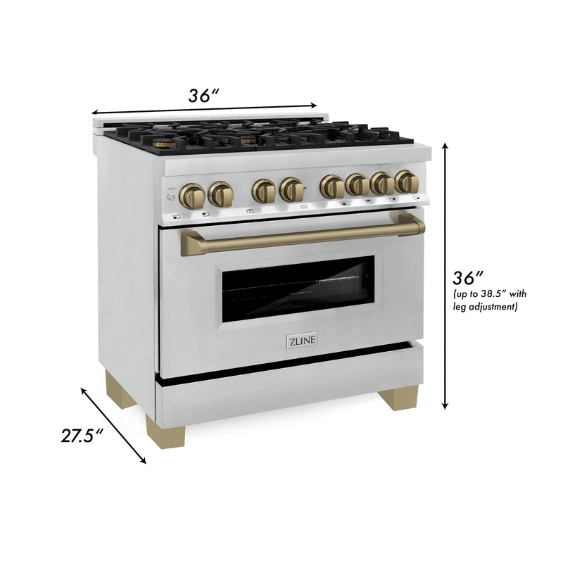 ZLINE 36 in. Autograph Edition Kitchen Package with Stainless Steel Dual Fuel Range, Range Hood and Dishwasher with Champagne Bronze Accents (3AKP-RARHDWM36-CB)