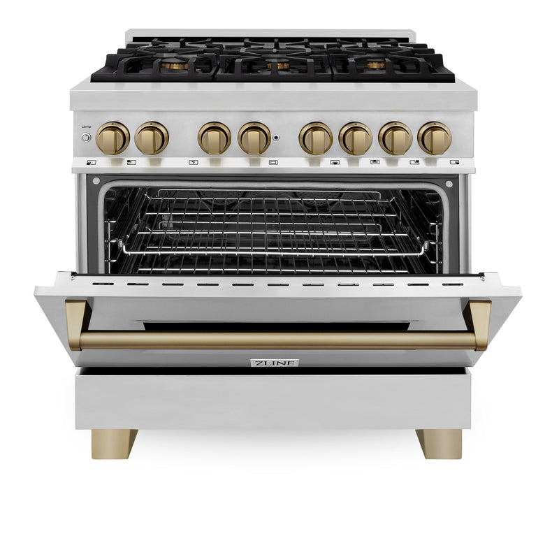 ZLINE Autograph Edition 36 in. 4.6 cu. ft. Dual Fuel Range with Gas Stove and Electric Oven in Stainless Steel with Champagne Bronze Accents (RAZ-36-CB)