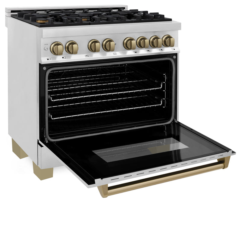 ZLINE Autograph Edition 36 in. 4.6 cu. ft. Dual Fuel Range with Gas Stove and Electric Oven in Stainless Steel with Champagne Bronze Accents (RAZ-36-CB)