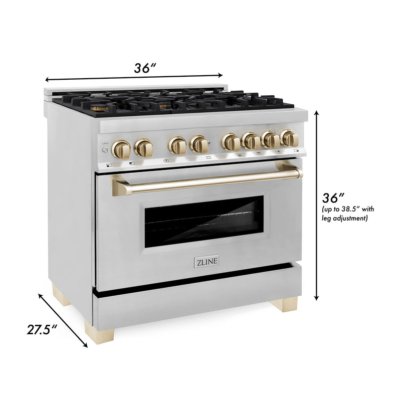 ZLINE Autograph Edition 36 in. 4.6 cu. ft. Dual Fuel Range with Gas Stove and Electric Oven in Stainless Steel with Polished Gold Accents (RAZ-36-G)