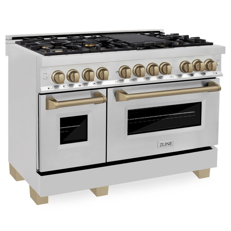 ZLINE 48 in. Autograph Edition Kitchen Package with Stainless Steel Dual Fuel Range, Range Hood, Dishwasher and Refrigeration with Champagne Bronze Accents (4KAPR-RARHDWM48-CB)