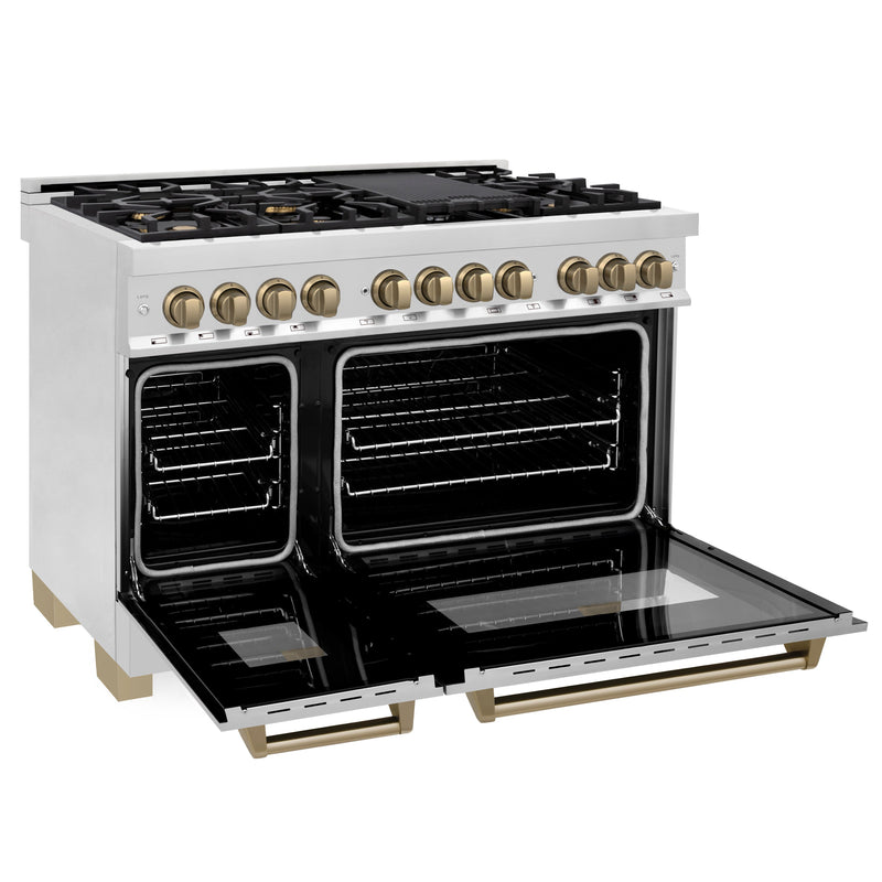 ZLINE 48 in. Autograph Edition Kitchen Package with Stainless Steel Dual Fuel Range, Range Hood and Dishwasher with Champagne Bronze Accents (3AKP-RARHDWM48-CB)