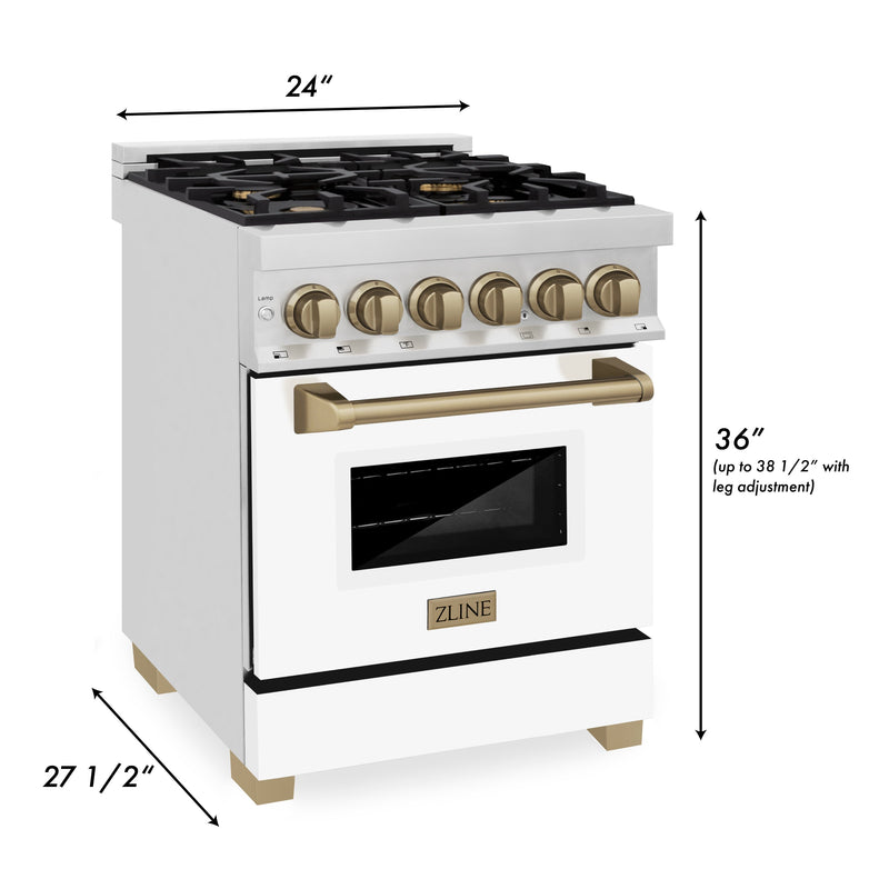 ZLINE Autograph Edition 24 in. 2.8 cu. ft. Dual Fuel Range with Gas Stove and Electric Oven in Stainless Steel with White Matte Door and Champagne Bronze Accents (RAZ-WM-24-CB)